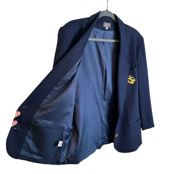 Sezane Vintage M Embroidered Nautical CREST Wool Blazer Navy Blue Gold Buttons - Picture 5 of 9